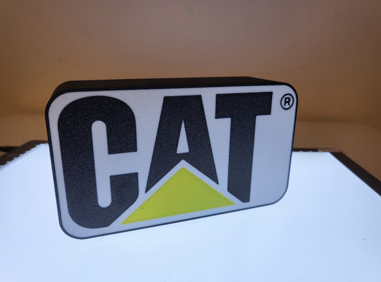 Custom rectangular illuminated logo-style lightbox sign on a lit surface.